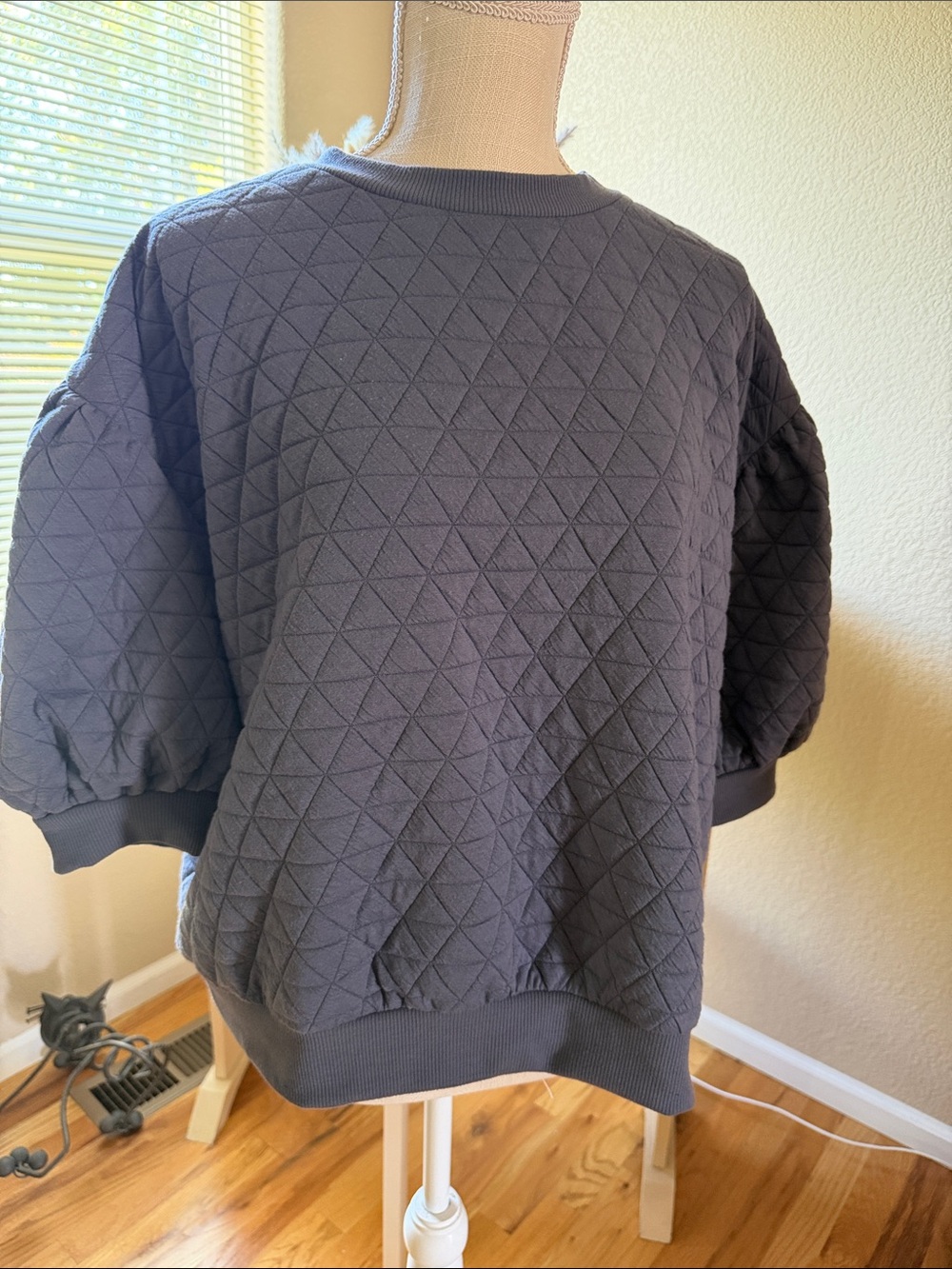 a new day Quilted Puff-Sleeve Crewneck Sweatshirt, Blue/grayish